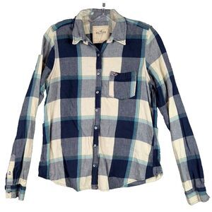 Hollister Button‎ Down Shirt Junior Large Blue Plaid Flannel Pockets 100% Cotton
